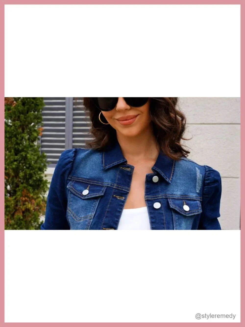 Women's Cropped Denim Jacket Stretch 3/4 Puff Sleeve Distressed with Pockets